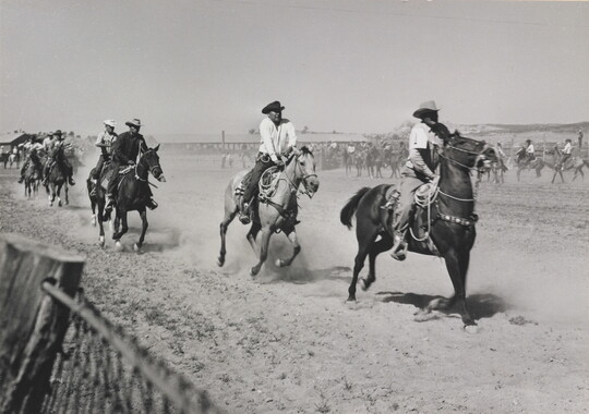 A black-and-white photograph of men wearing cowboy hats riding running horses on a dusty track.