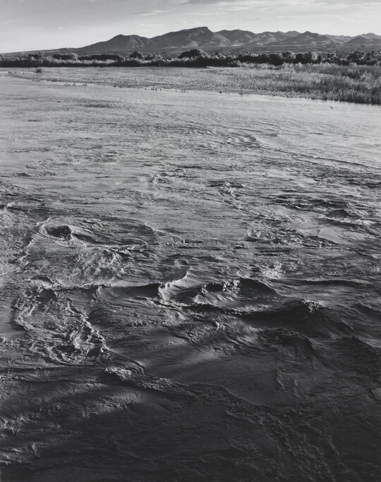 A black-and-white photograph of a choppy river and then grassy plains and mountains beyond the shore.