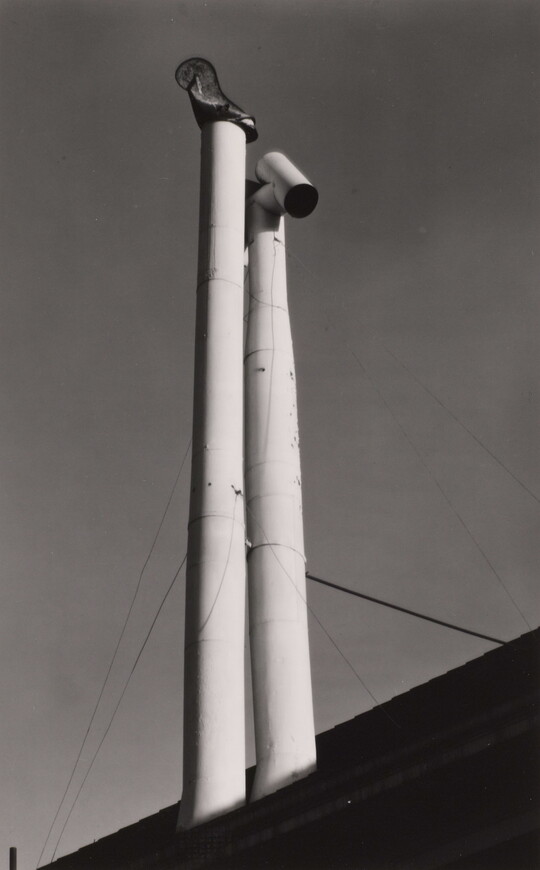 A black-and-white photograph looking up at two tall white pipes jutting out from the roof of a building.