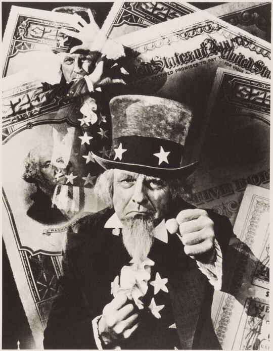 A black-and-white photograph of Uncle Sam with his fists up superimposed over American paper money.