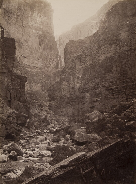 A black-and-white photograph of the bottom of a rocky canyon surrounded by tall cliffs.