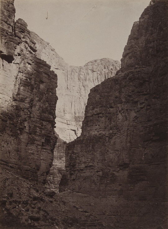 A black-and-white photograph of tall rocky canyon walls taken from the ground looking up.