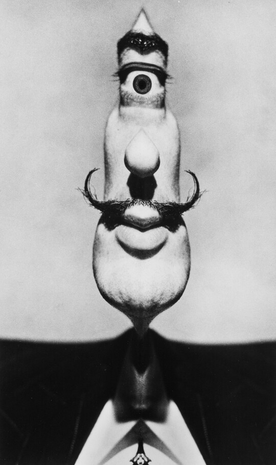 An abstract black-and-white photograph of a man's elongated face with a single eye at the top of the head.