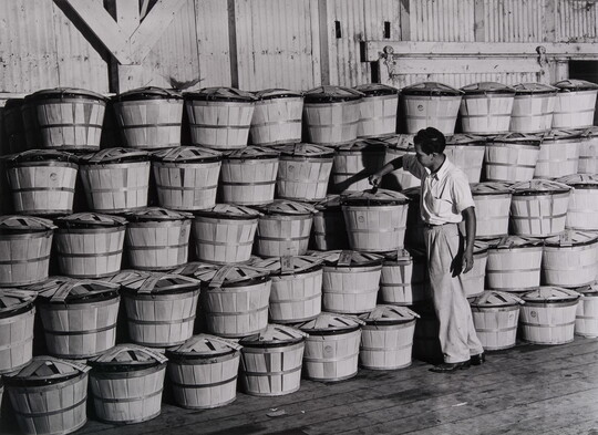 A black-and-white photograph of a man standing next to rows of wood baskets stacked higher than he is.