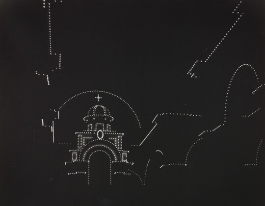 A black-and-white photograph with a pure black background and dotted white lights outlining the shape of a domed cathedral.