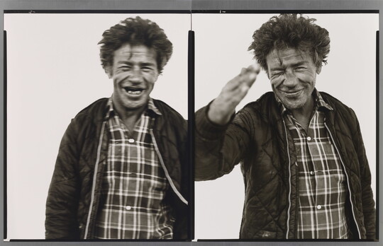 Two side-by-side black-and-white photographs of a medium-skinned man with short hair, wearing a plaid shirt and dark quilt jacket.