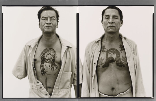 Two side-by-side black-and-white photographs of two men, the one on the left is missing an arm, and both are wearing open shirts showing prominent chest tattoos of Jesus.