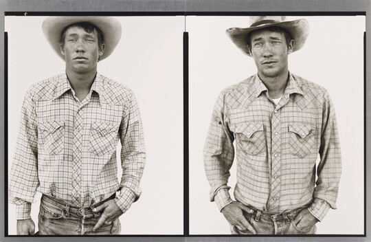 Two side-by-side black-and-white photographs of a White man wearing a plaid shirt and cowboy hat with his hands in his pockets.