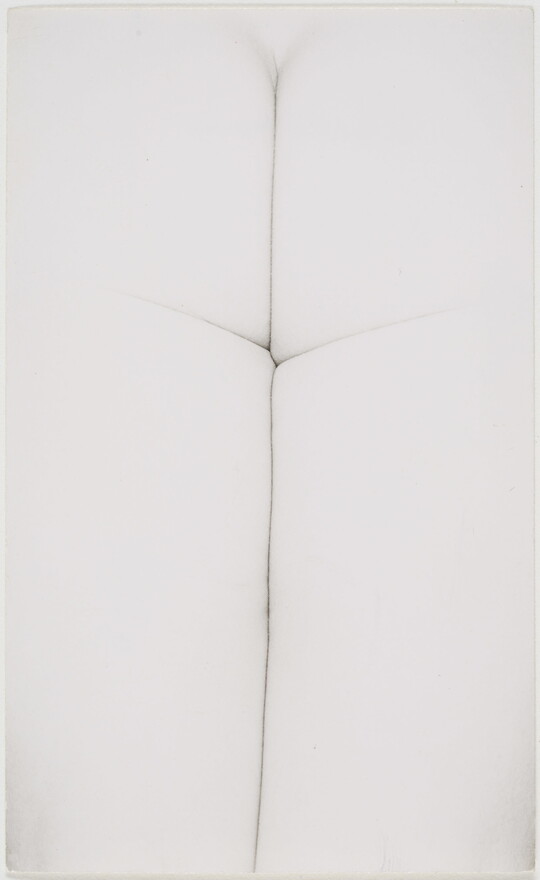 An abstract, close-up, black-and-white photograph of a White person's buttocks and the back of their legs pressed tightly together.