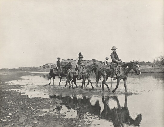 A black-and-white photograph of multiple cowboys walking through a riverbed on horseback.