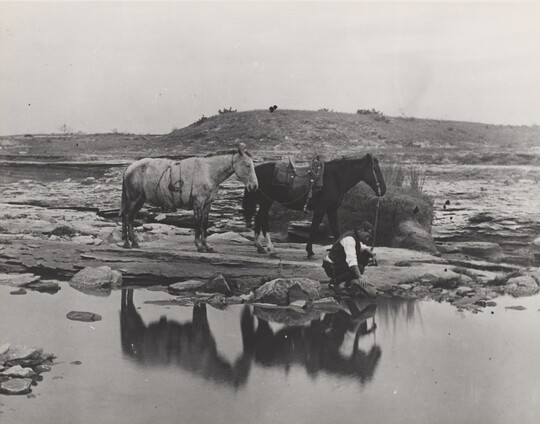A black-and-white photograph of a man crouched down dipping his hat into a body of water while two horses stand behind him.