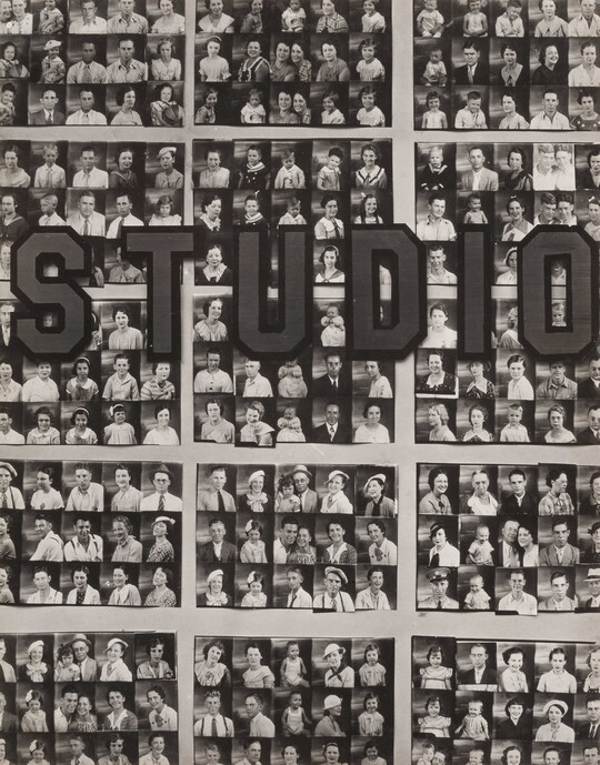 A black-and-white photograph of dozens of photo strips with the word "Studio" across the middle of the image.
