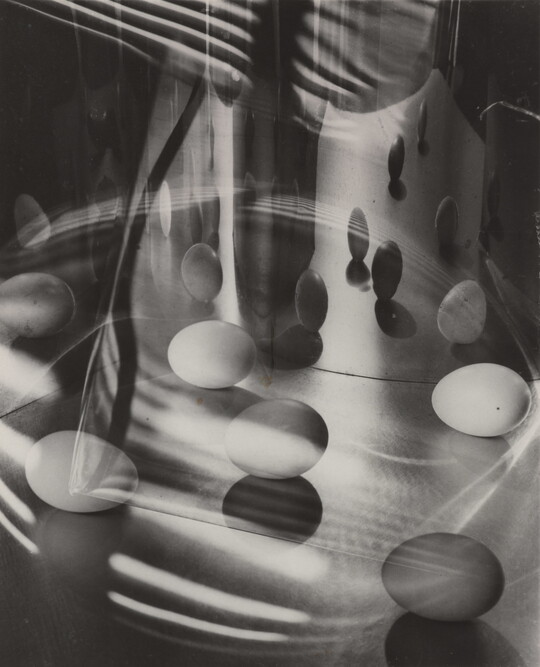 A black-and-white photograph of eggs surrounded by light, shadows, and reflections.