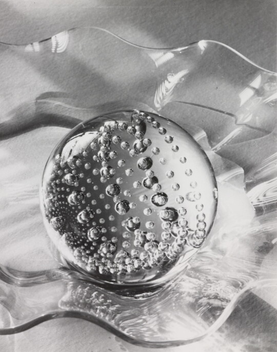 A black-and-white still life photograph of a clear glass, circular paperweight filled with bubbles in a clear, wavy glass bowl on a table.