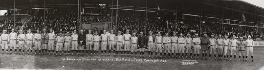 A black-and-white panoramic photograph of the Brooklyn Dodgers baseball team.