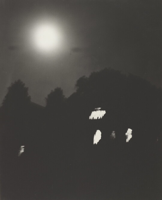 A black-and-white photograph of trees and a dark house with lit windows at night under a full moon.