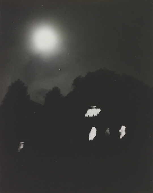 A black-and-white photograph of a trees and dark house with lit windows at night under a full moon.