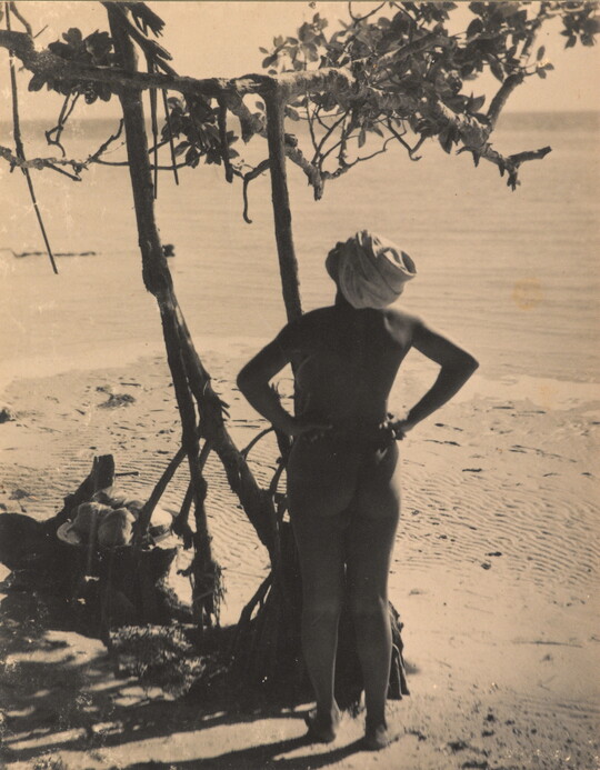 A sepia-toned photograph of a nude dark-skinned woman, hands on hips, with a swath of fabric wrapped around her head looking up at a tree.