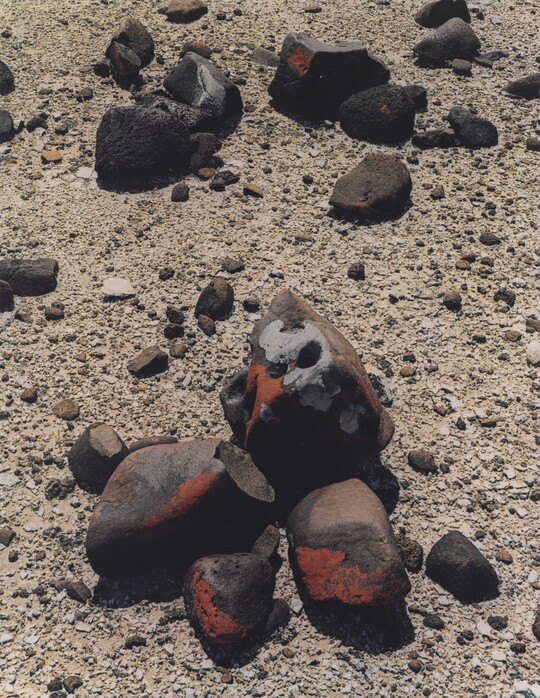 A color photograph of a sandy and pebbled ground with large stones covered in patches of red lichen.