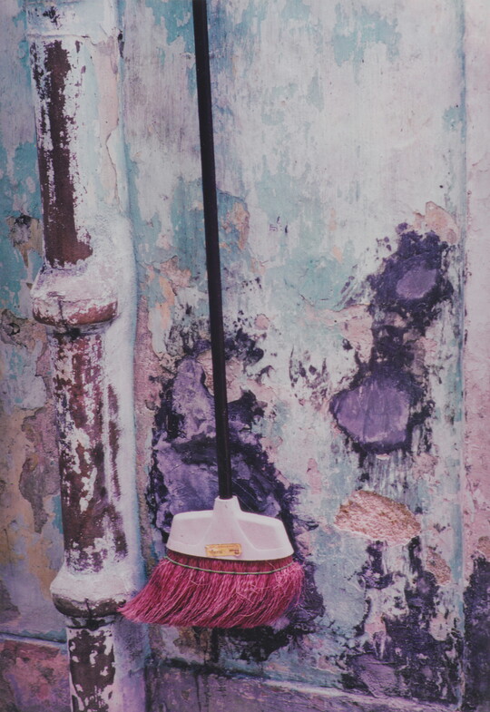 A color photograph of a dark pink bristle broom hanging on a plaster wall with light blue peeling paint.