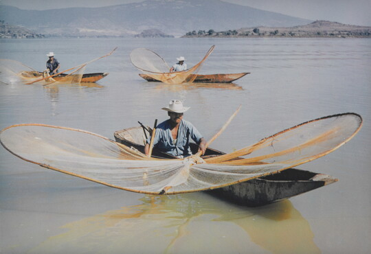 A muted color photograph of men in canoes on a lake holding large, curved nets on wood frames out over the water.