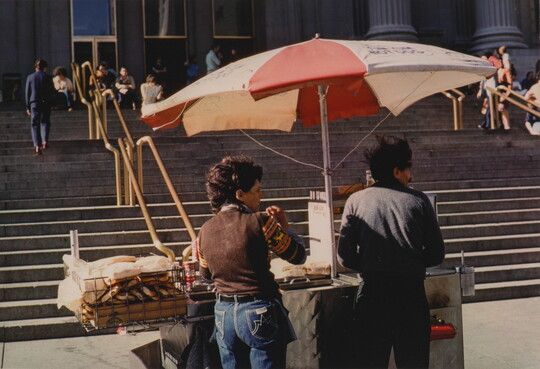 A color photograph of a food vendor at a cart on the sidewalk as people go up and down steps leading to a building with fluted pillars.