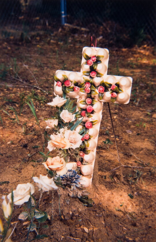 A color photograph of a small cross made of egg cartons and flowers on a freshly dug grave.