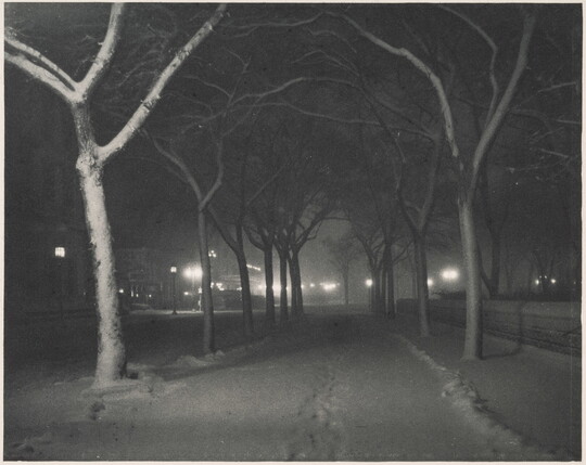 A black-and-white photograph of a snowy street lined with bare trees at night, streetlamps glowing in the distance.