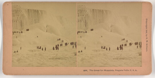 Two almost identical side-by-side sepia-toned photographs of people at the base of a snowy and icy cliff.