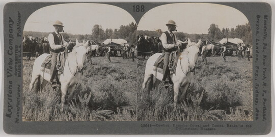 Two side-by-side, black-and-white photographs of a man wearing a bowler hat and smoking a pipe while on horseback; wagons and tents in the background.