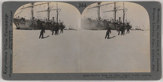 Two almost identical black-and-white photographs side by side of people walking on snow toward a large ship.
