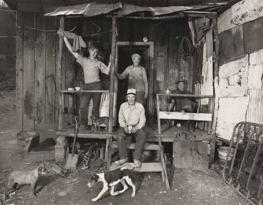 A black-and-white photograph of two people standing, two sitting, and a small dog on the porch of a shack as two dogs play in the dirt yard in front of them.