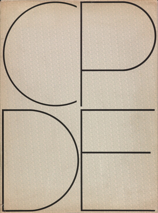 A black-and-white photograph of a print with large, thin capital letters C and P on top, and D and E on the bottom.