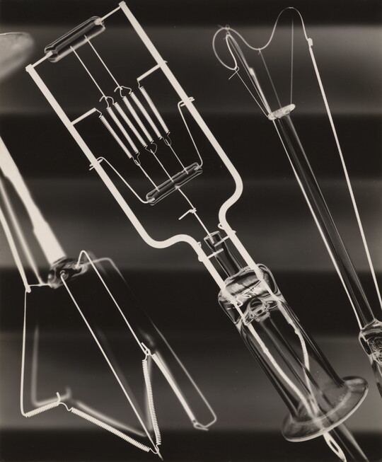 A black-and-white close-up photograph of what looks like filaments from light bulbs and other electrical devices.