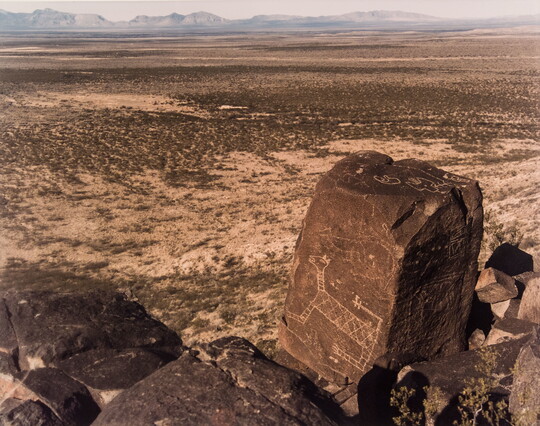 A color photograph of large rocks, one of which has a horse-like petroglyph on the side, a desert plain and mountains in the distance.