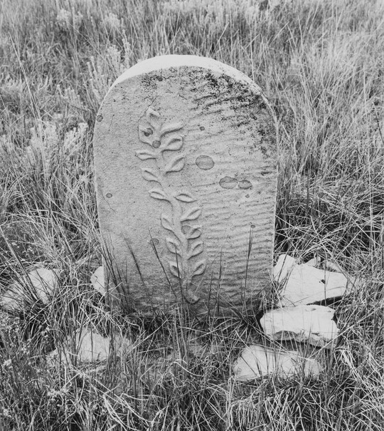 A black-and-white photograph of gravestone with a vine-like relief carving.