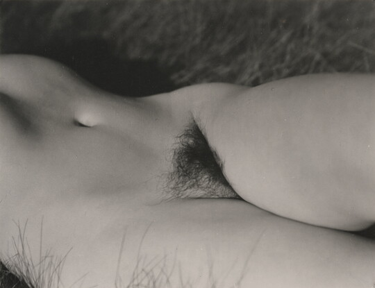 A black-and-white photograph of a White woman lying in grass showing only her lower torso, pubic region, and upper thighs.