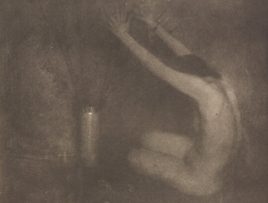 A soft-focus, black-and-white photograph of a nude White woman sitting on the floor next to a vase, her arms raised toward the flowers.