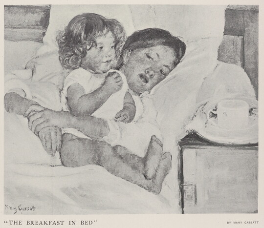 A black-and-white photograph of a print of a White woman lying in bed with her arms around a seated toddler.