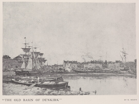 A black-and-white photograph of a print of ships with tall masts in a bay.