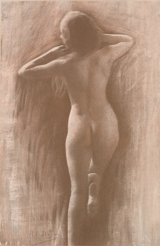 A sepia-toned photograph of a nude White woman from the back, arms raised to her neck.