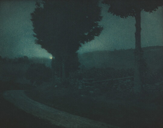 A black-and-white photograph of a tree-lined road in a dark, moonlit landscape.