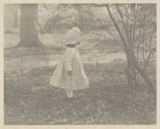 A black-and-white photograph of a young child in a white dress and hat standing in a field of grass and facing away from the camera.