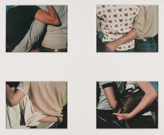 Four close-up color photographs of the backs of people with their arms around each other.