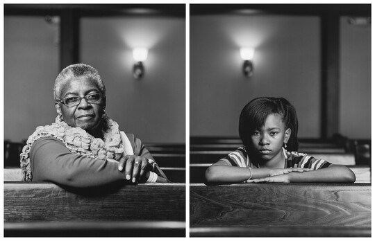 Two black-and-white photographs that show side-by-side portraits of, on the left, an older Black woman sitting in a pew and, on the right, a Black girl sitting in a pew.
