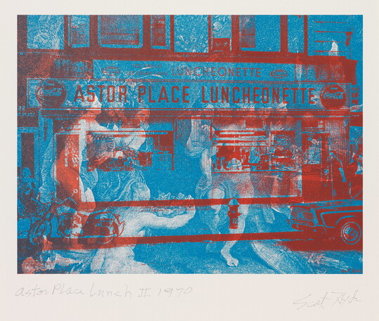 A two-toned print of two images: a red and blue image of a diner superimposed over a black-and-white image of Peter Paul Rubens' "The Feast of Acheloüs" painting.