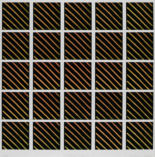 An abstract color photo of five rows of five squares, each square featuring thin yellow, diagonal lines slanting from upper left to lower right on a black background.