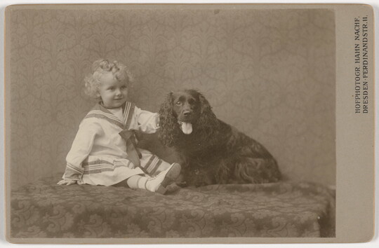 A sepia-toned photograph of a young White child with blond ringlets wearing a sailor dress sitting next to an Irish setter-like dog.