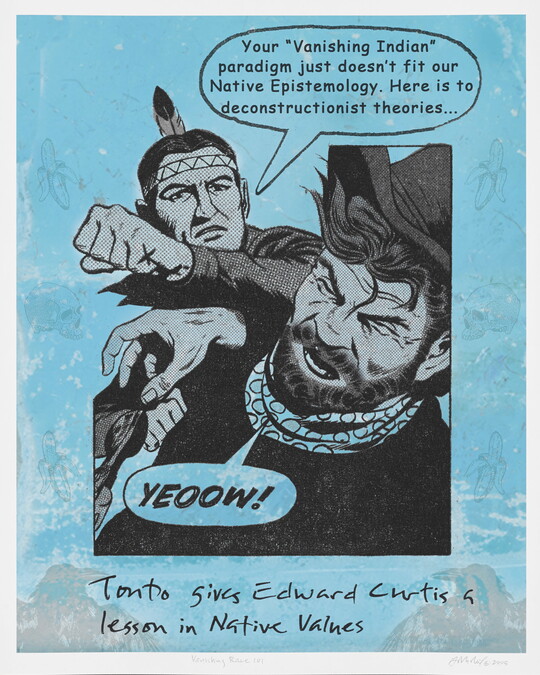 A color photograph of a cartoon-style Indigenous man punching a White man; the Indigenous man's thought bubble reads, "Your 'Vanishing Indian' paradigm just doesn't fit our Native Epistemology. Here is to deconstructionist theories ..." and the handwritten title beneath the illustration reads, "Tonto gives Edward Curtis a lesson in Native values."