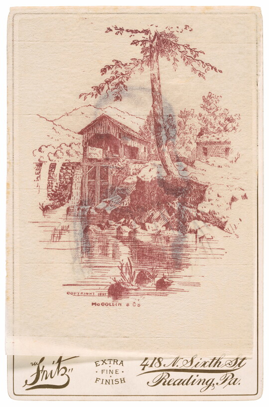 A black-and-white photograph of a person overlayed with a drawing in red of a bridge overlooking a river.